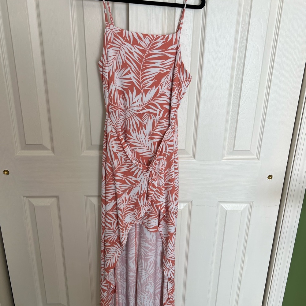Coral and White Leaf Print Hi Lo Dress